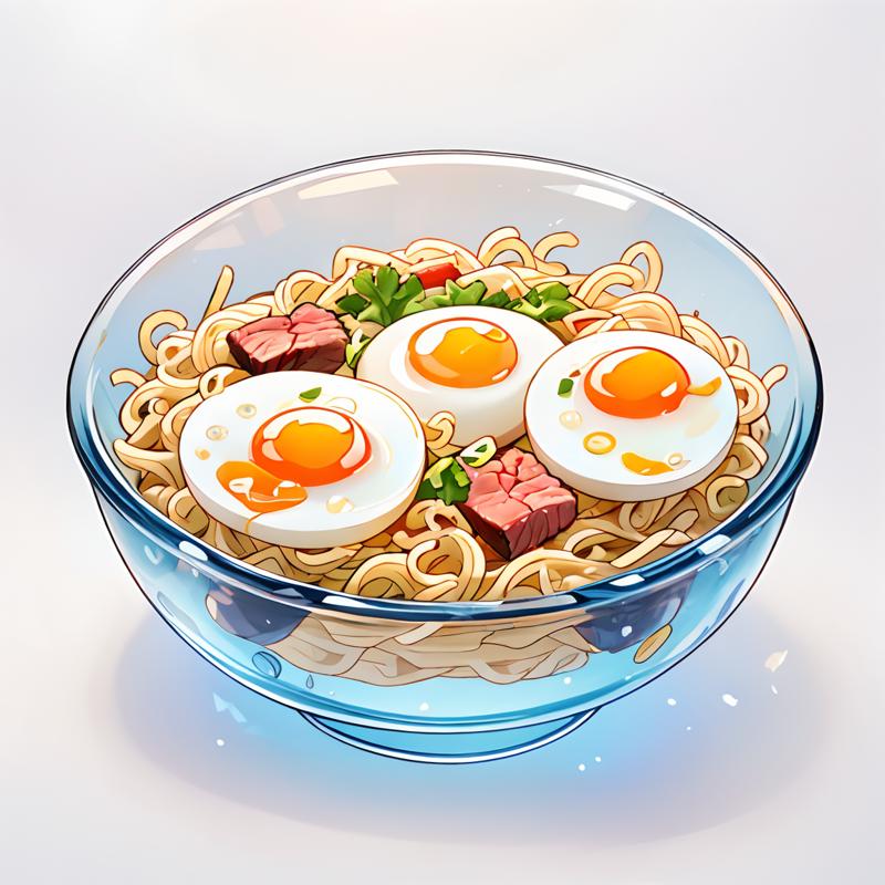 432423-4080516003-xcobject, Noodles, beef, eggs, gradient, still life, transparent, product drawing, full body, solo, simple background, no humans.png